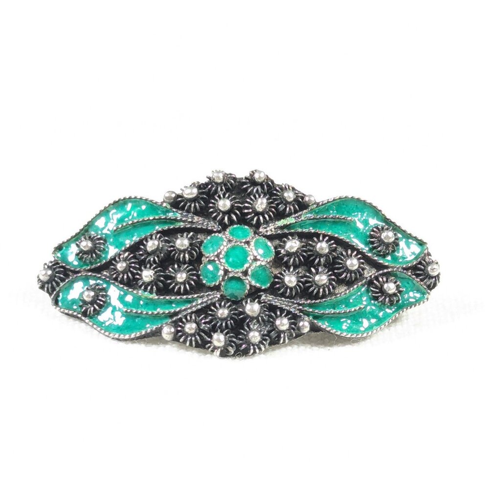 Antique Victorian 800 silver green enamel filigree brooch, curved choker pin